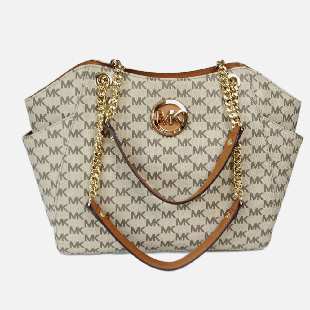 NWT Michael Kors Jet Set Large Chain Tote - Signature Nat/Acorn Monogram Bag